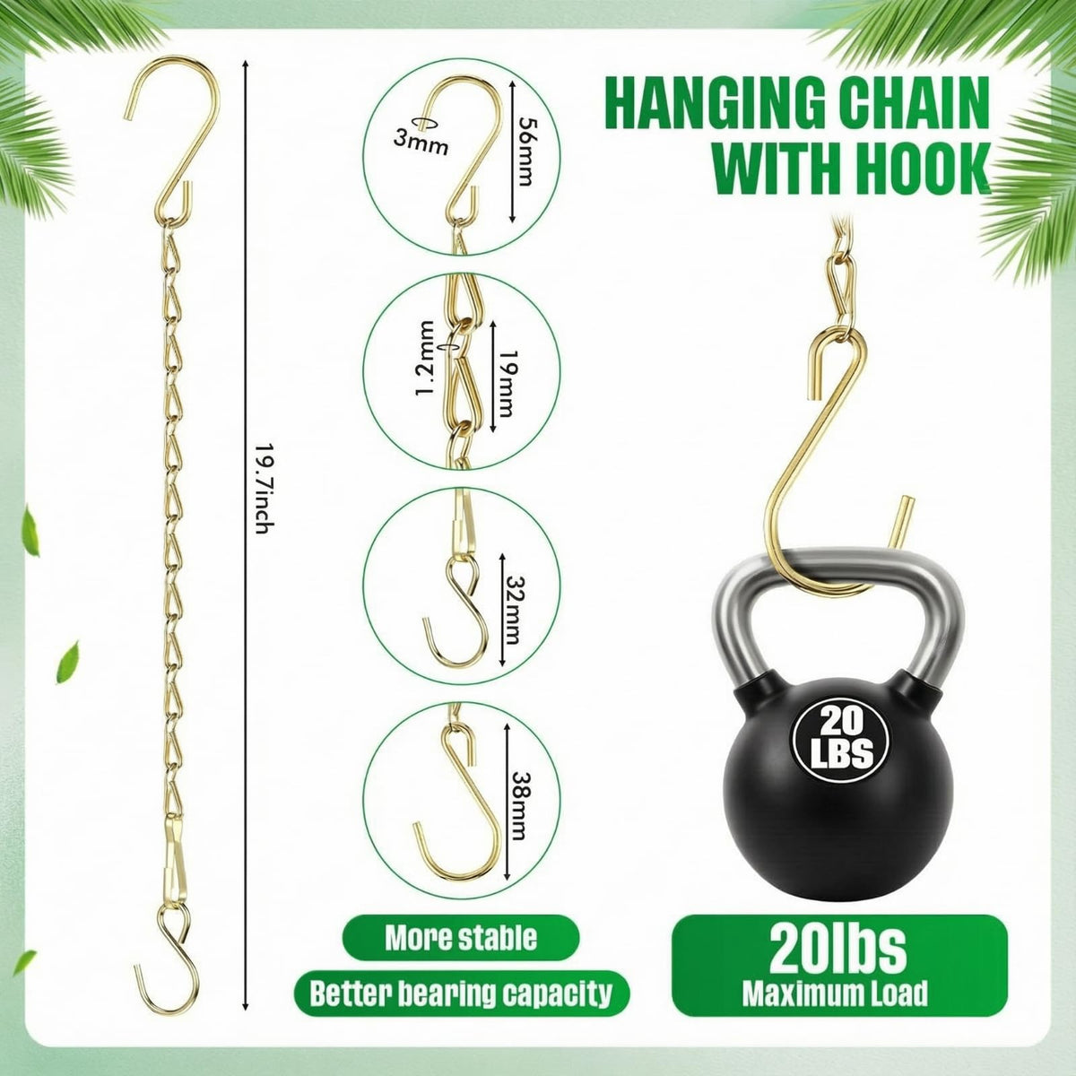 EBOOT hanging chain for planter; versatile support in gold.