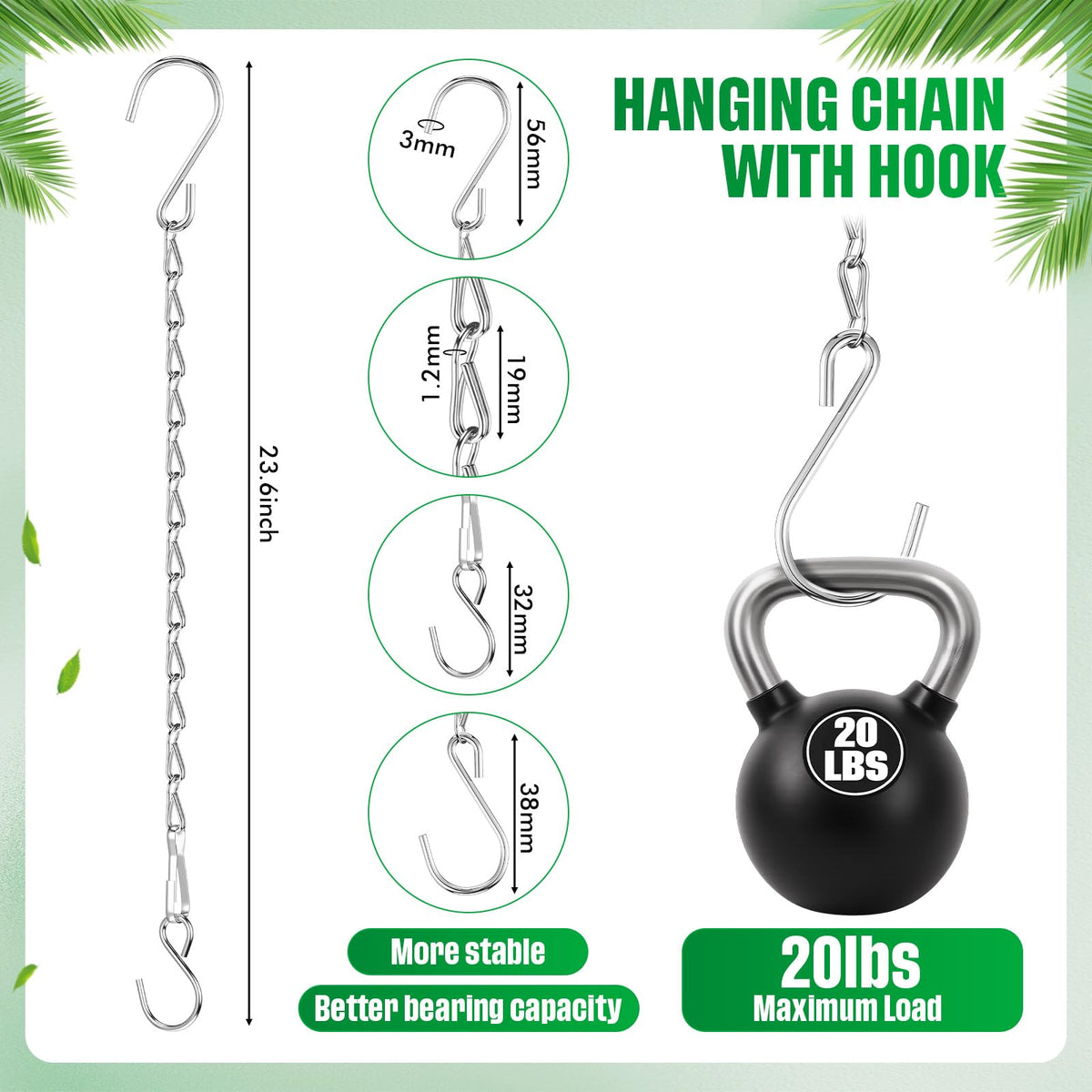 EBOOT silver hanging chain with adjustable hook eases height customization.