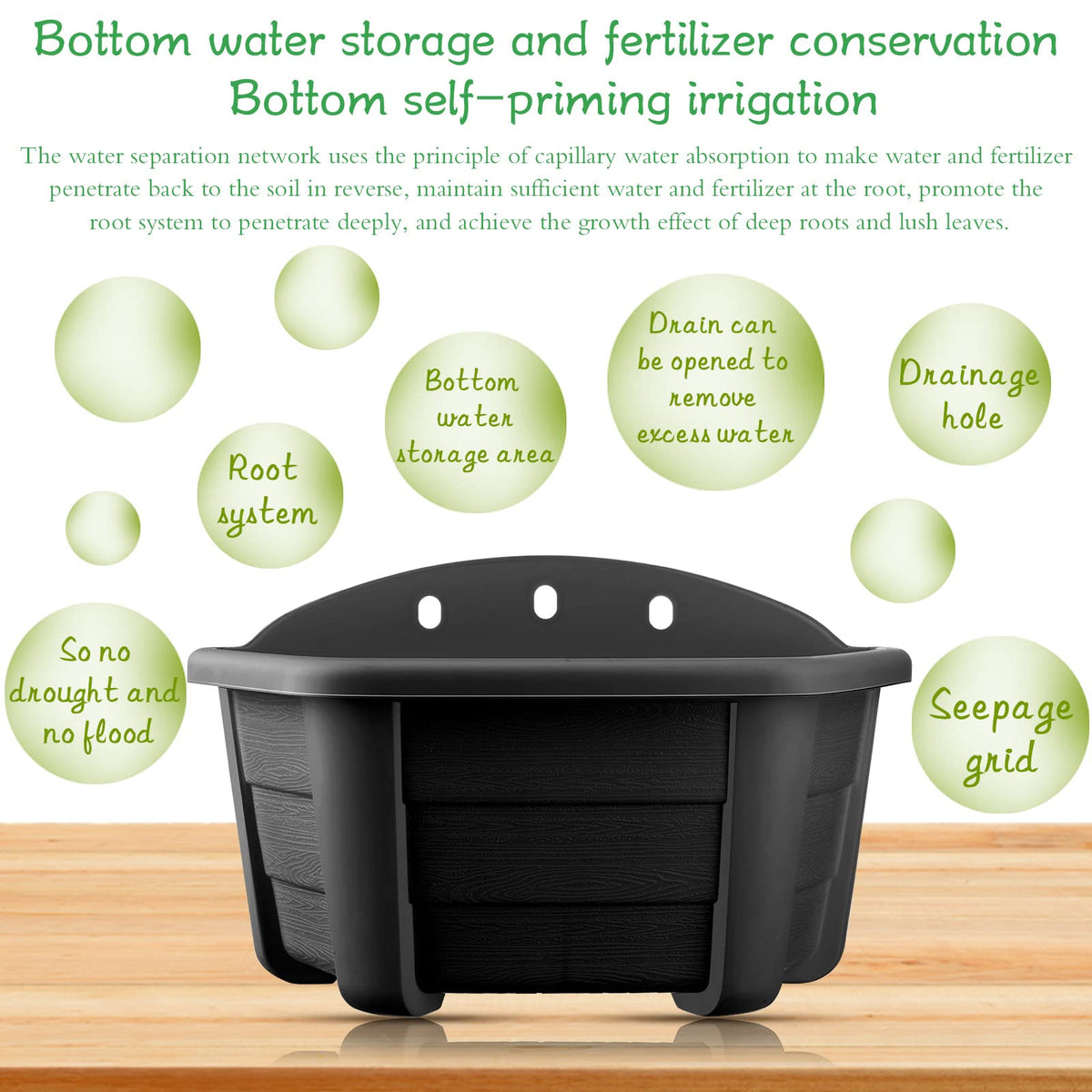 EBOOT planter with drain plug helps manage water flow and protect surfaces.