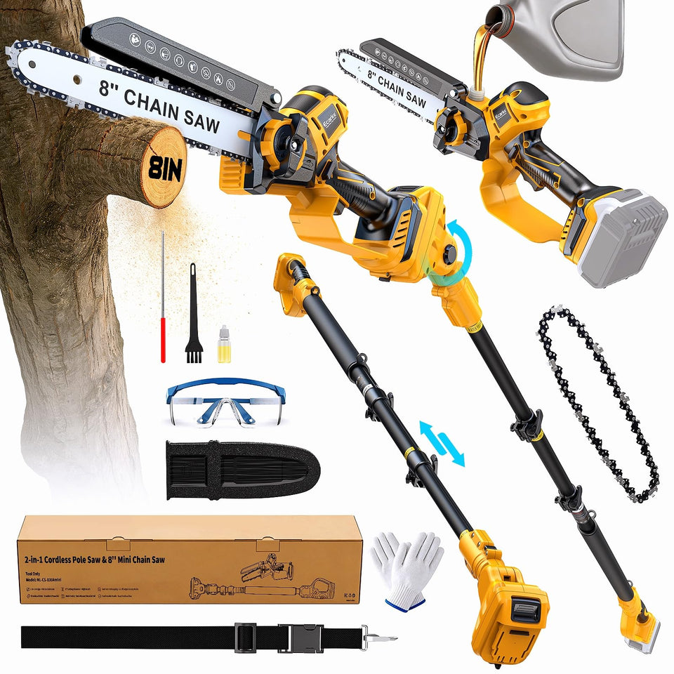 Ecarke 2-in-1 pole saw with Dewalt 20V compatibility for easy battery reuse