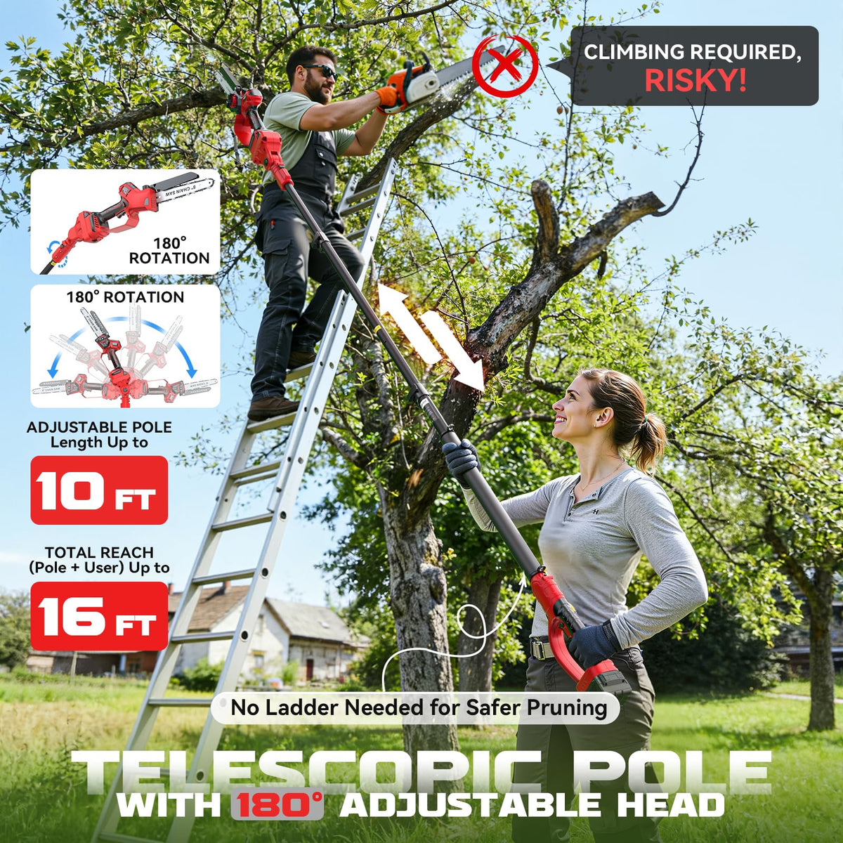 Ecarke extension pole delivers up to 16 ft reach for tall branches