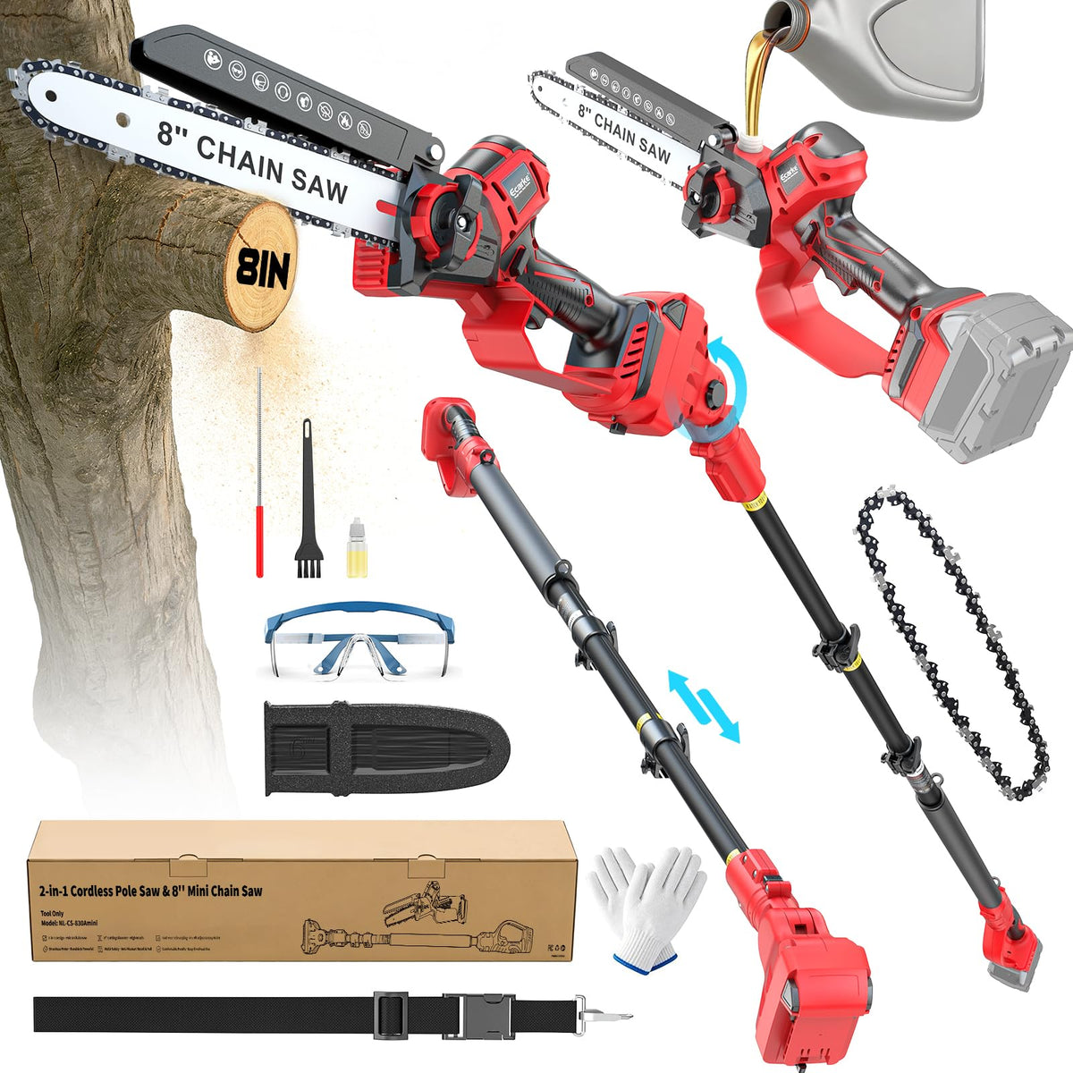 Ecarke 2-in-1 pole saw with Milwaukee 18V compatibility for convenient yard tasks