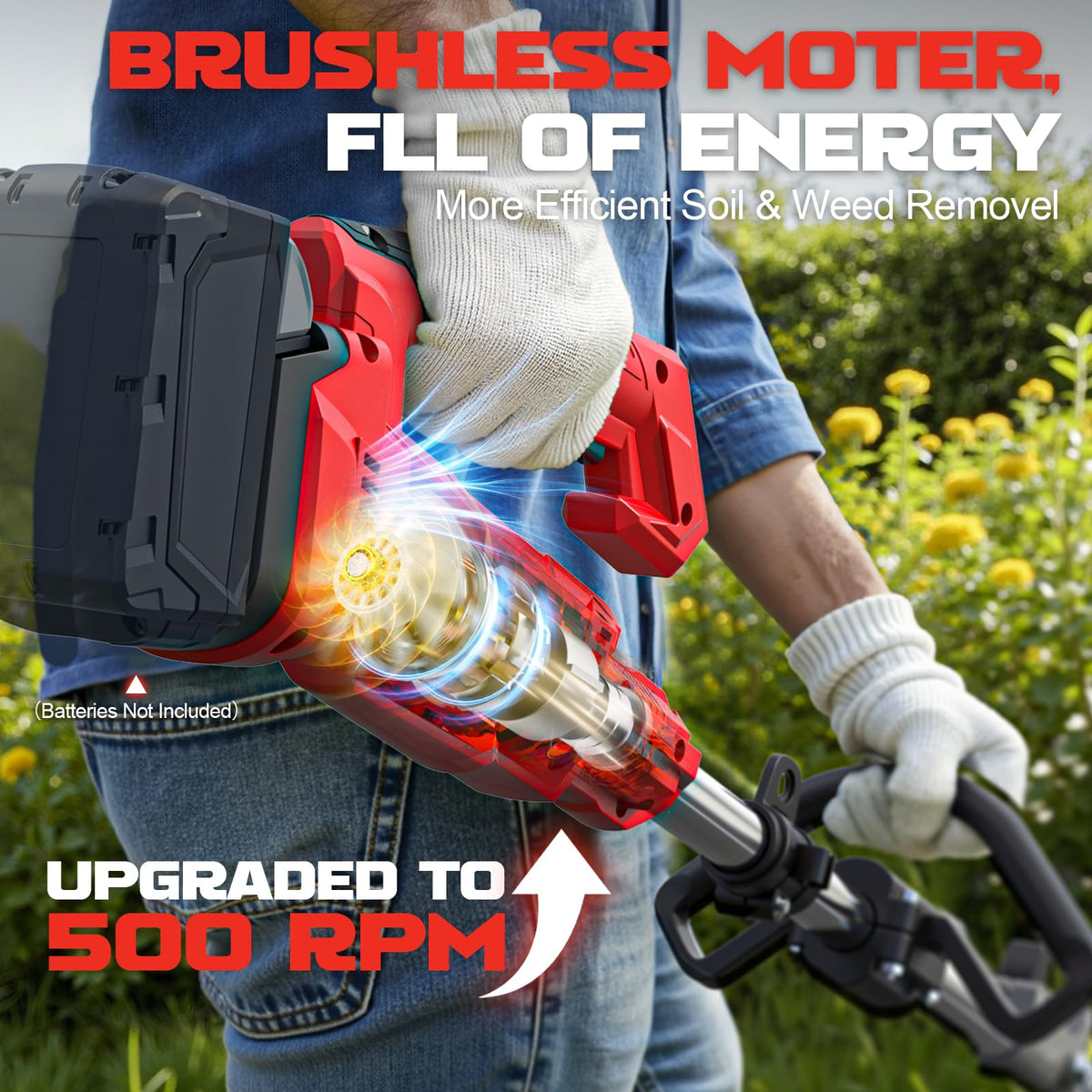 Ecarke brushless motor delivering steady power at 500 RPM through tough soil