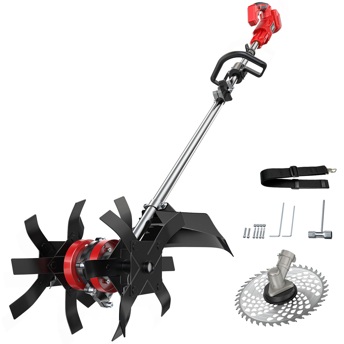 Ecarke cordless tiller demonstrating Milwaukee battery compatibility for power sharing