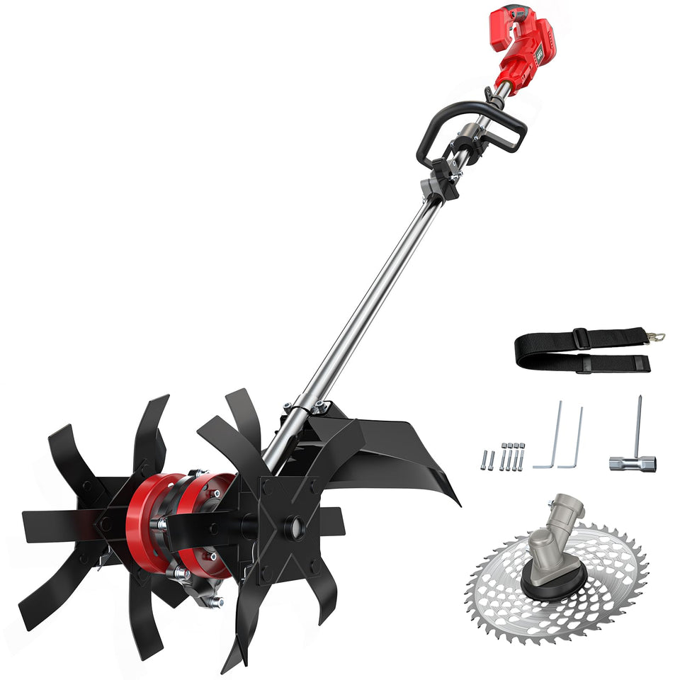 Ecarke cordless tiller demonstrating Milwaukee battery compatibility for power sharing