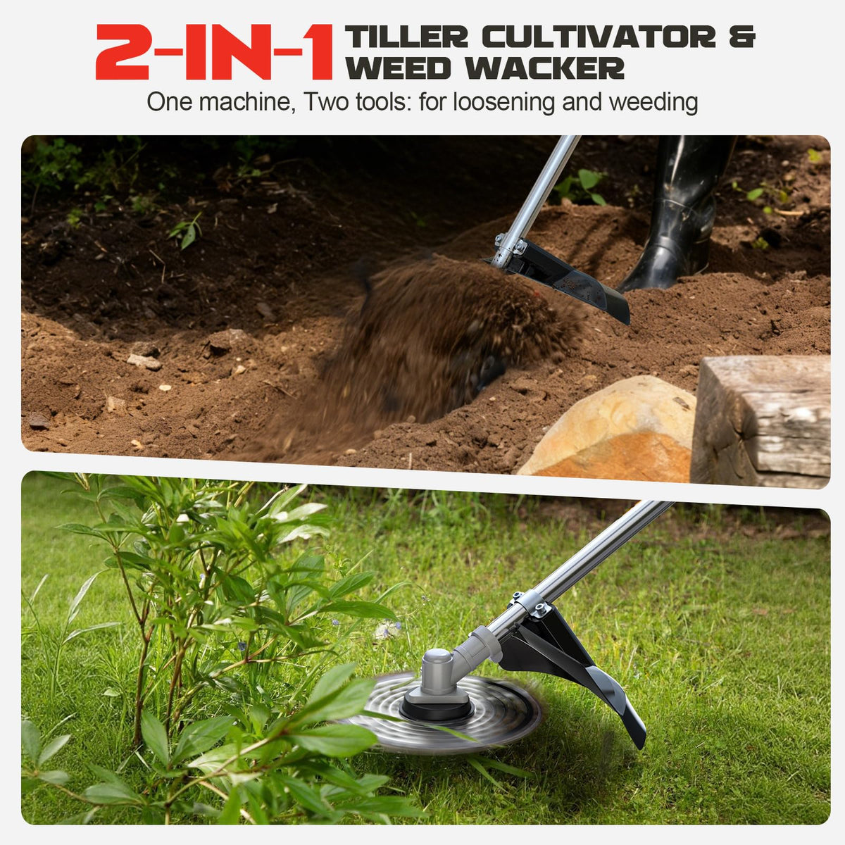 Ecarke 2-in-1 tiller and weed wacker in action for versatile garden tasks