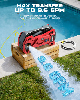 Ecarke water transfer pump delivering 9.6 GPM flow for quick transfers