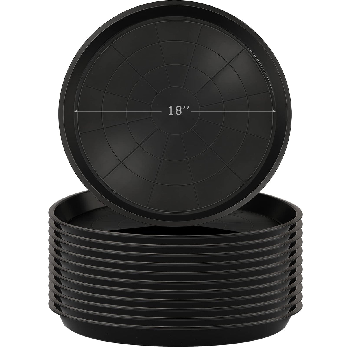 Eccliy 12-pack plant saucers, 18-inch round, black, ideal for protecting surfaces.