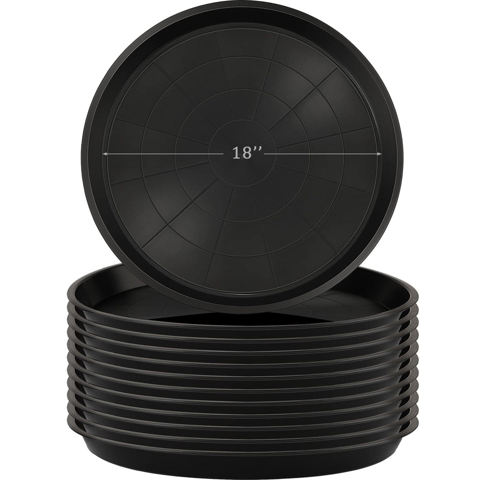 Eccliy 12-pack plant saucers, 18-inch round, black, ideal for protecting surfaces.