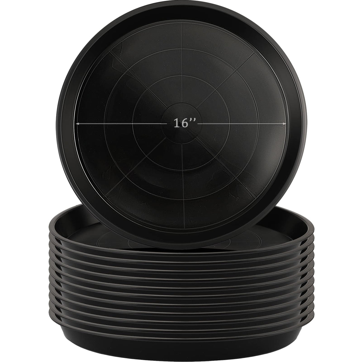 Eccliy 12-piece round plant saucers, 16-inch diameter, suitable for indoor and outdoor pots.