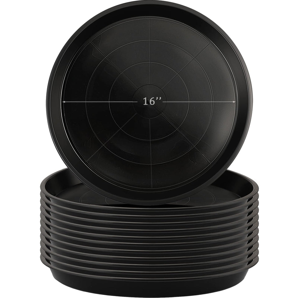 Eccliy 12-piece round plant saucers, 16-inch diameter, suitable for indoor and outdoor pots.
