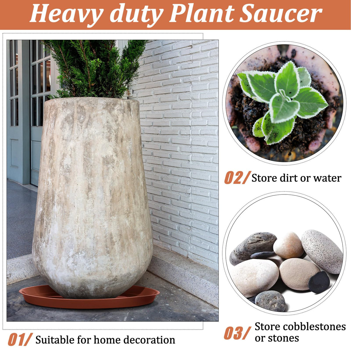 Eccliy terracotta-tone saucer complements planters while shielding surfaces