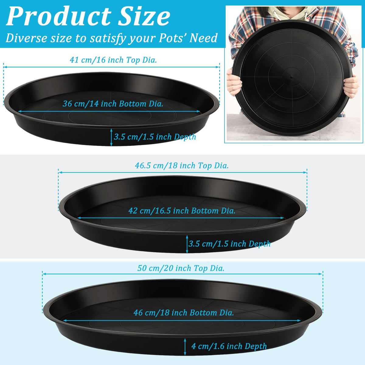 Eccliy 18-inch black plant saucer; heavy-duty tray for indoors and outdoors