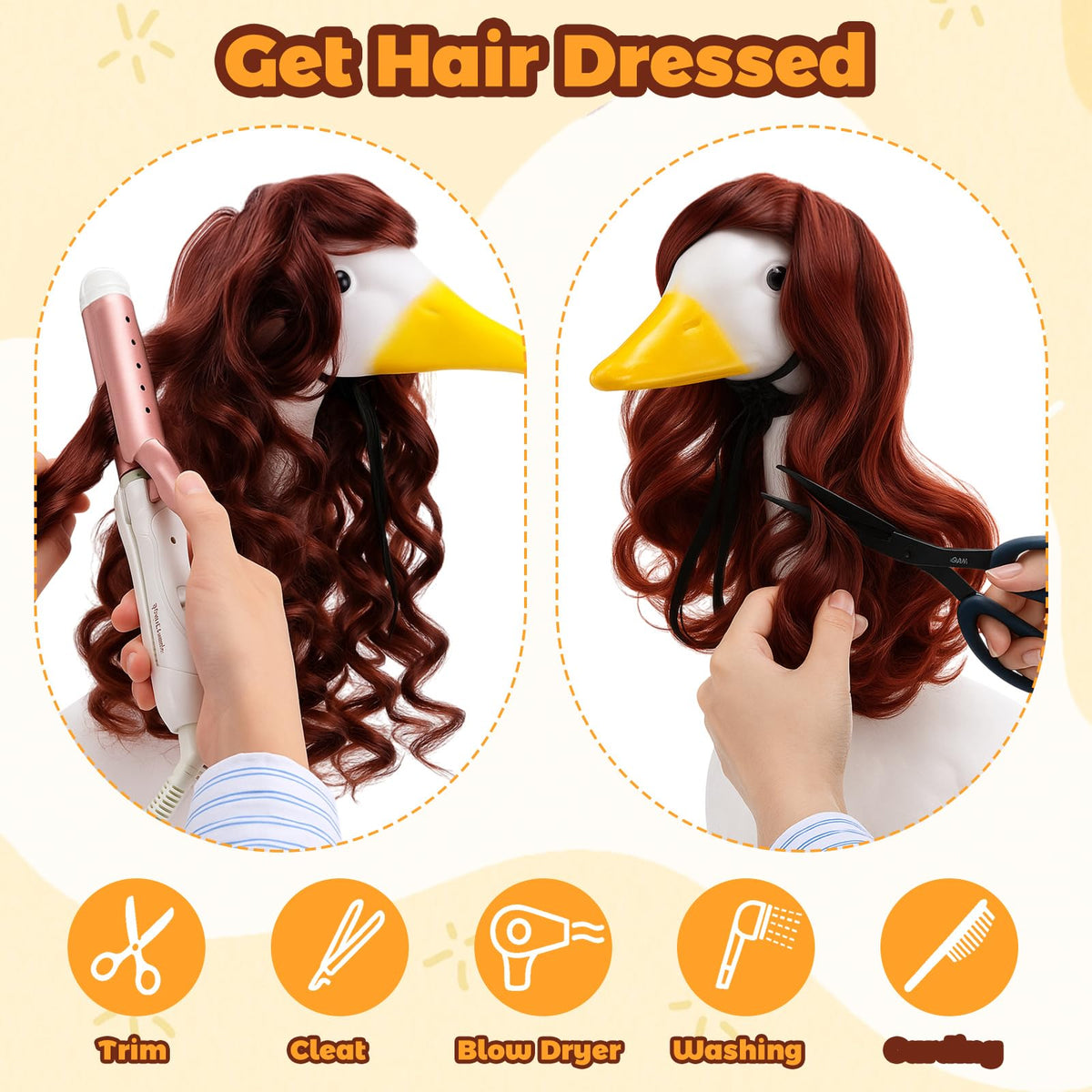 Eccliy carrot-yellow, black, and brown wig blends with garden colors.