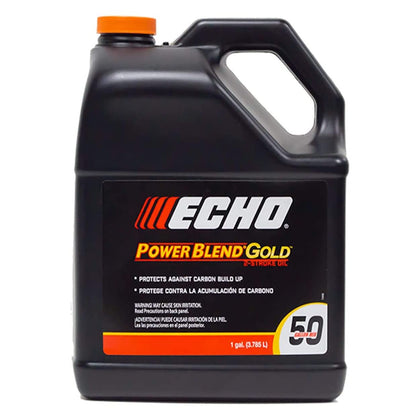 ECHO PowerBlend 2-stroke oil bottle being poured for smooth engine performance.