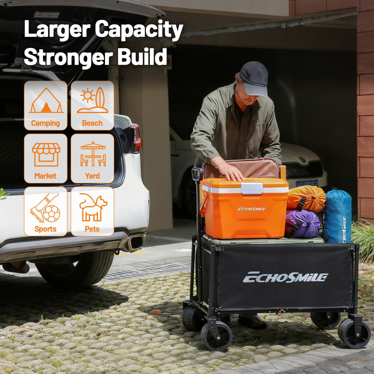 EchoSmile collapsible wagon rip-resistant Oxford fabric protects gear outdoors.