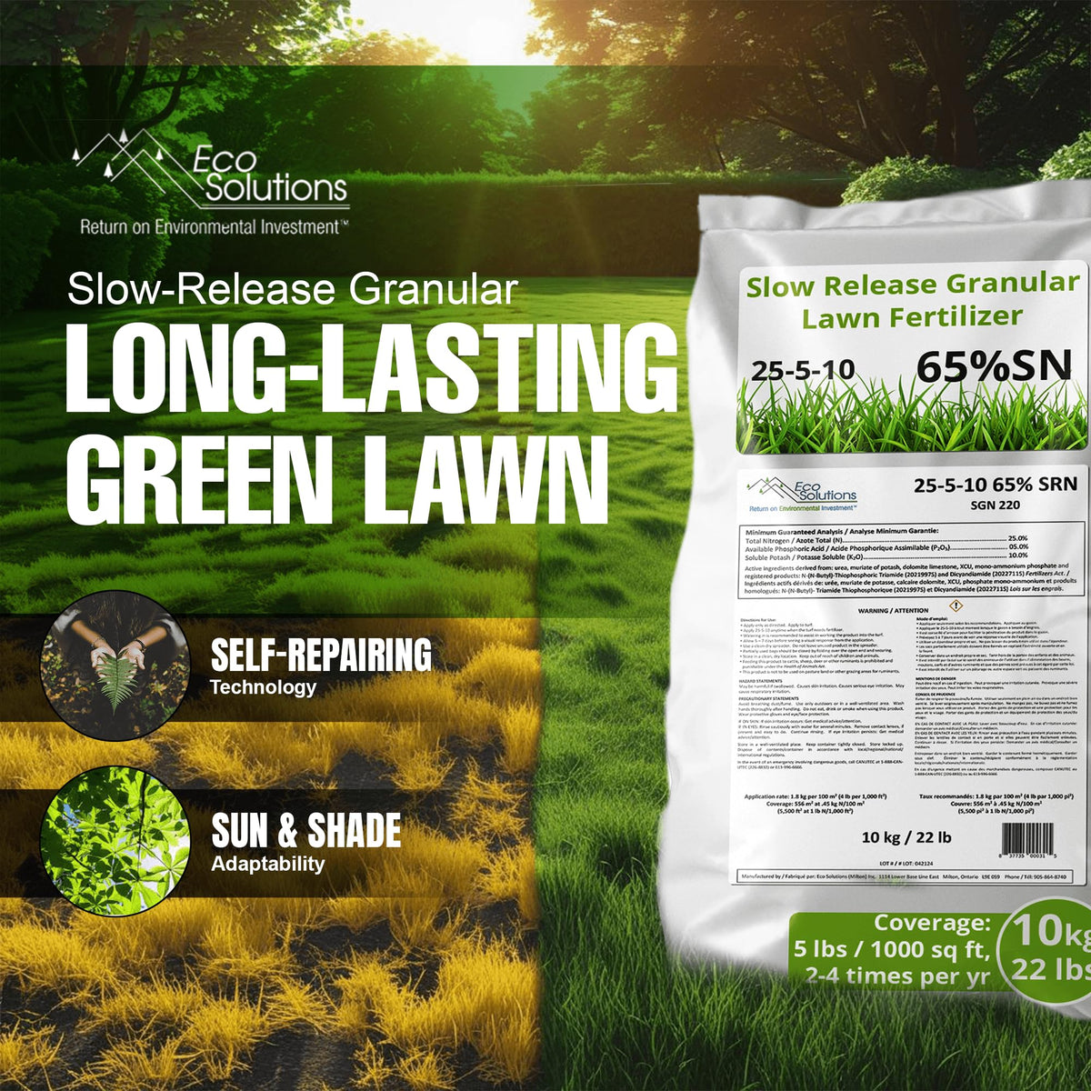 Eco Solutions 65-percent nitrogen formula granules support steady lawn growth.