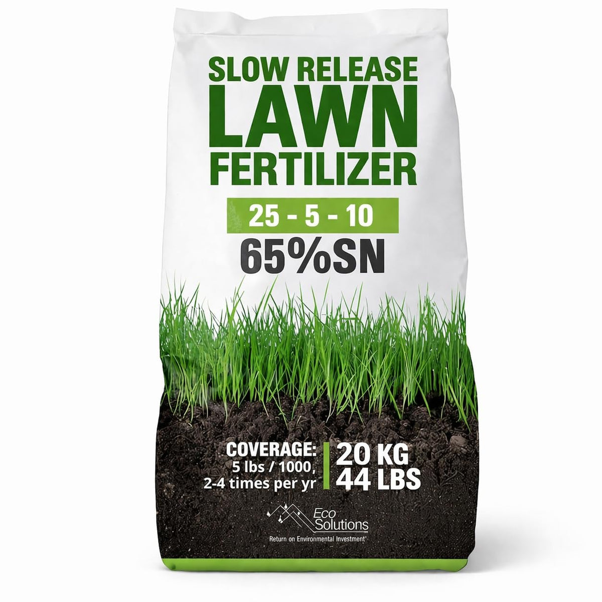 Eco Solutions slow-release lawn fertilizer bag with granules for deep feeding.