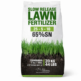 Eco Solutions slow-release lawn fertilizer bag with granules for deep feeding.