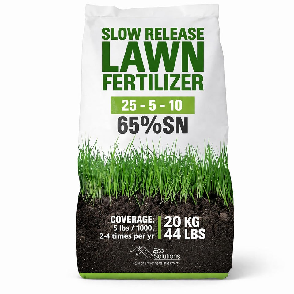 Eco Solutions slow-release lawn fertilizer bag with granules for deep feeding.