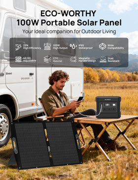 ECO-WORTHY 100W kickstand-open panel in use at sunrise for charging
