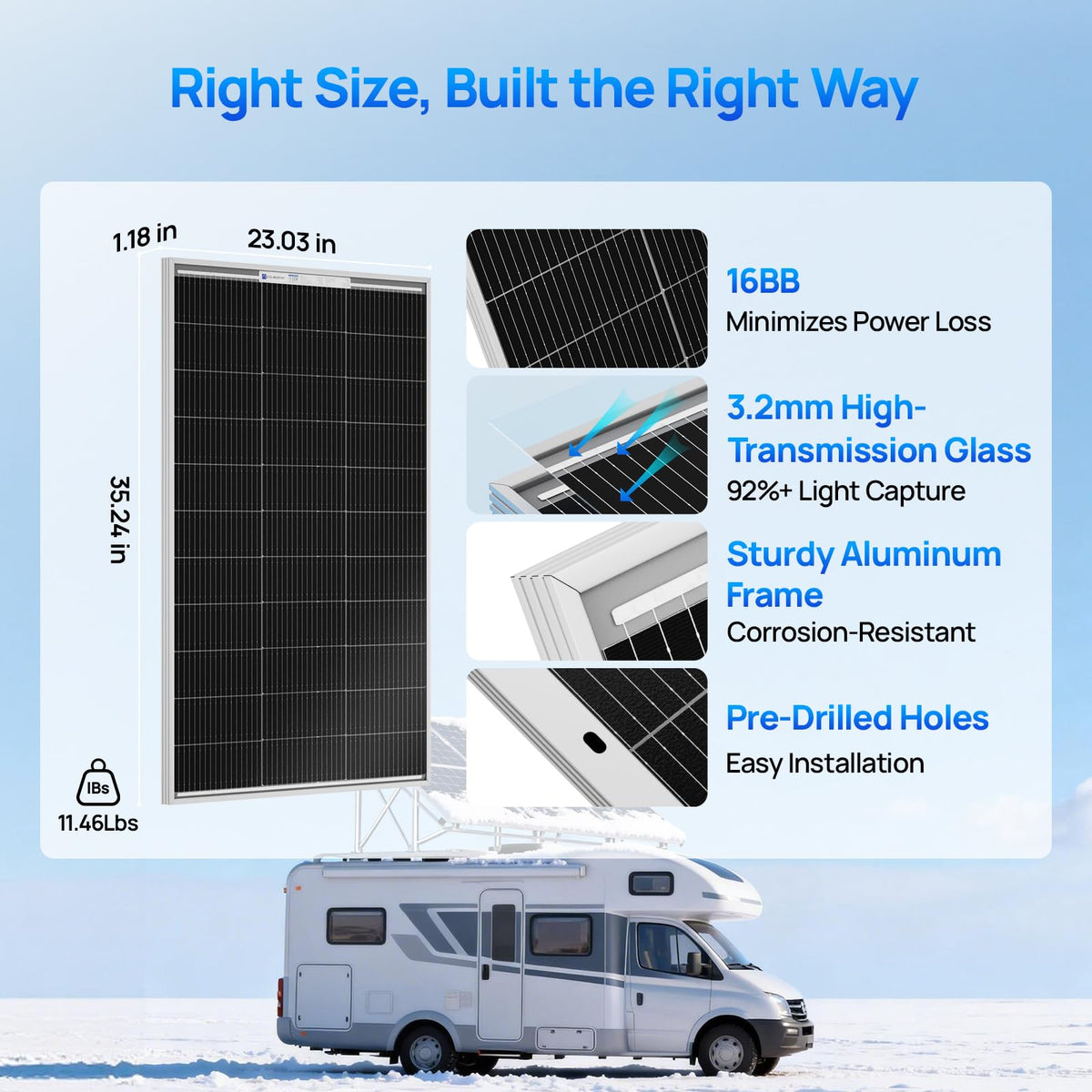 ECO-WORTHY 100W panel with pre-drilled holes for quick mounting