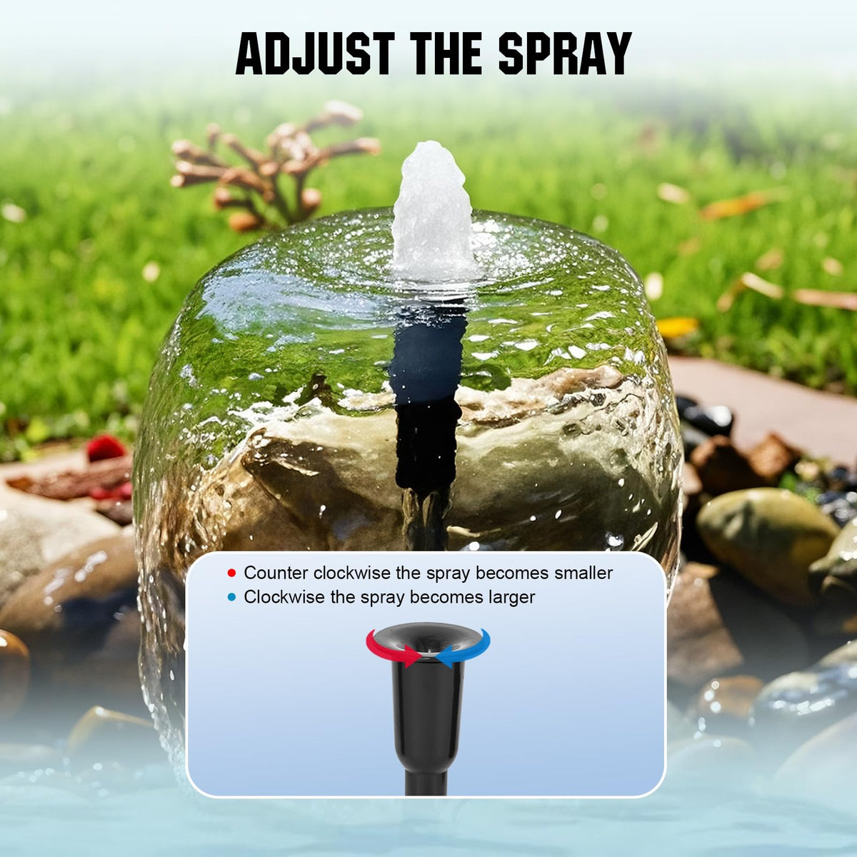 ECO-WORTHY adjustable flow for custom spray height and ripple patterns.