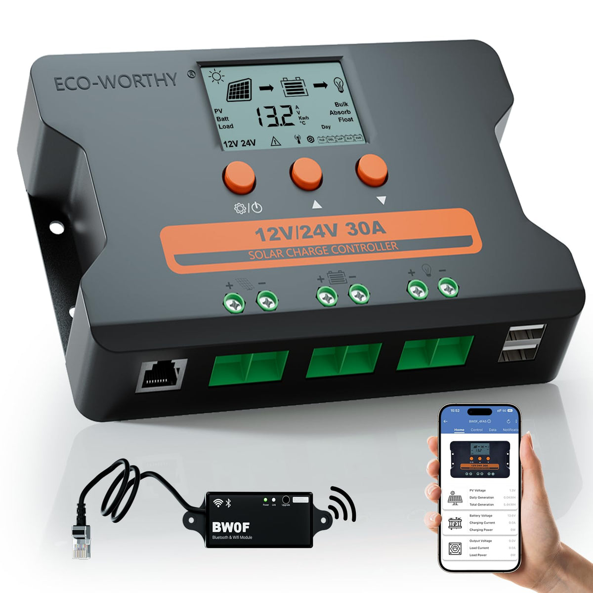 ECO-WORTHY Solar Charge Controller 30A with Bluetooth for on-site monitoring and control.