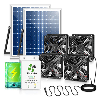 ecoCalm solar exhaust fan for greenhouse with battery powering daytime ventilation