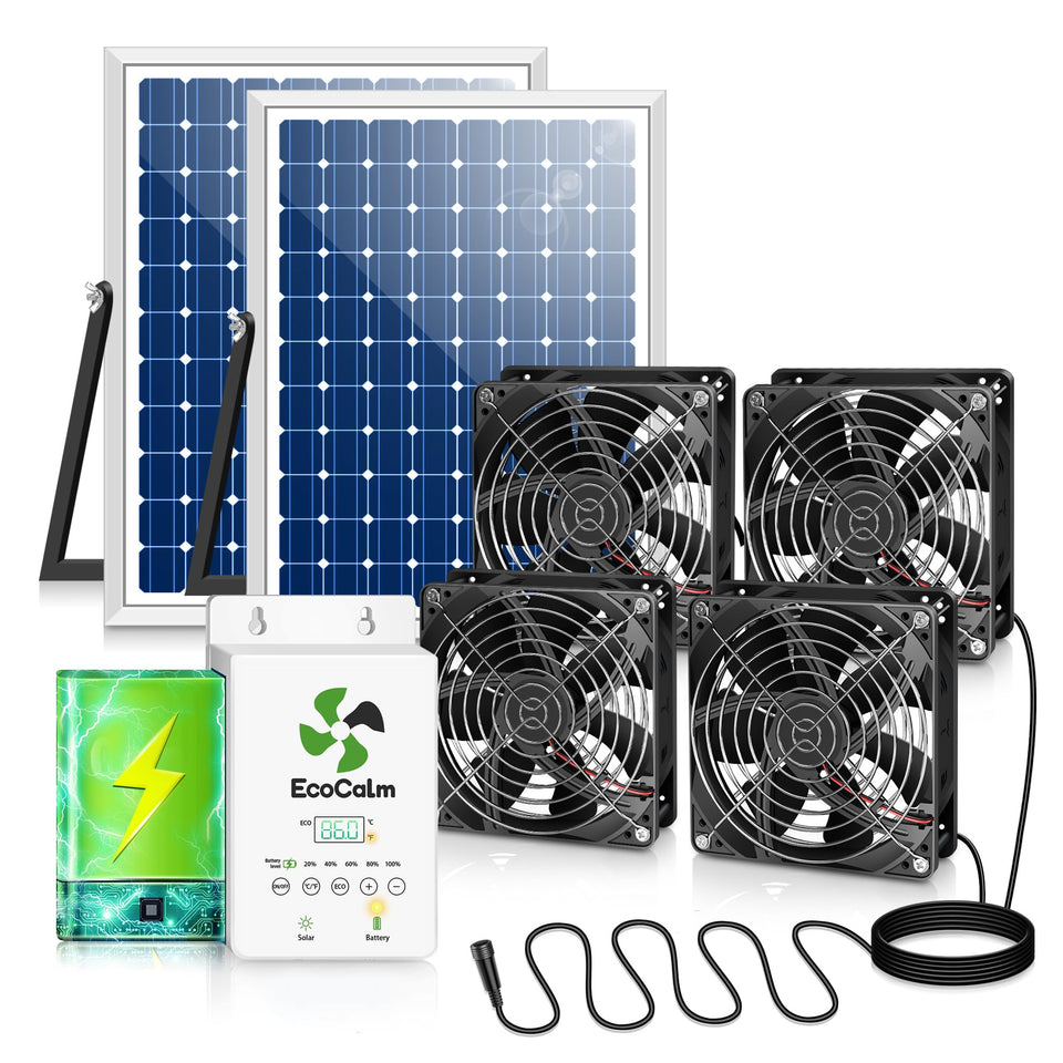 ecoCalm solar exhaust fan for greenhouse with battery powering daytime ventilation