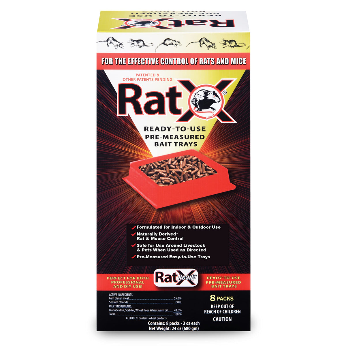 EcoClear RatX ready-trays 8-pack box showing convenient pre-measured bait for safe use