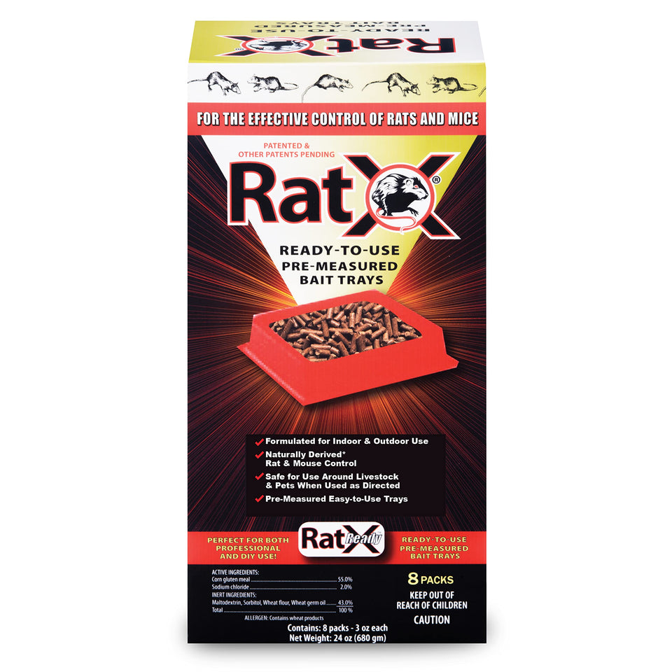EcoClear RatX ready-trays 8-pack box showing convenient pre-measured bait for safe use