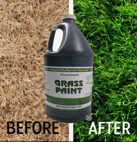 Closeup of EcoColorants grass paint label for quick lawn touch-ups