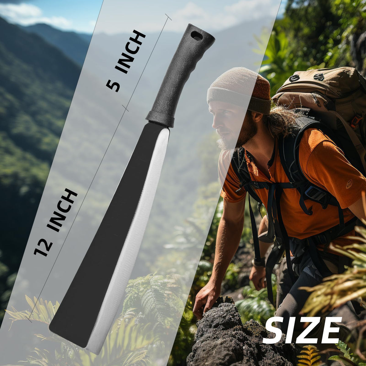 EcoDigiLife Billhook Sickle Machete ready for camping and outdoor wood chopping.
