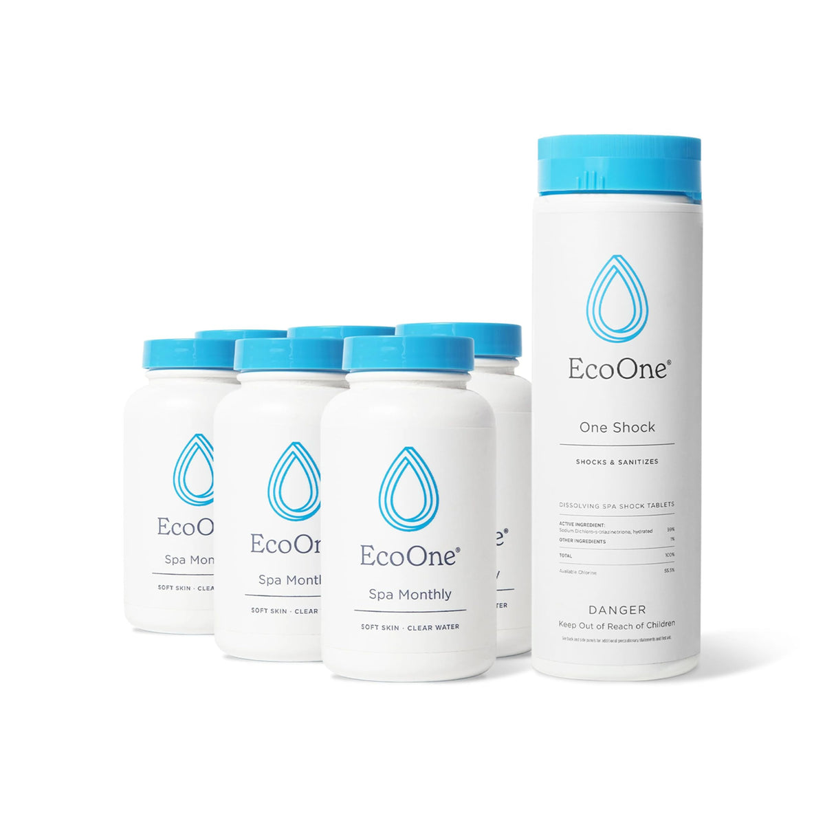 EcoOne OneShock granules bottle for weekly spa dosing and crystal-clear water.
