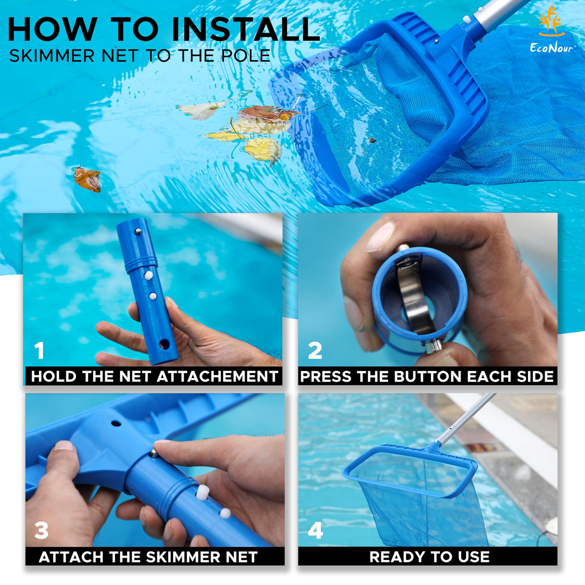 EcoNour Pool Skimmer Net durable lip design helps sweep bottom debris.