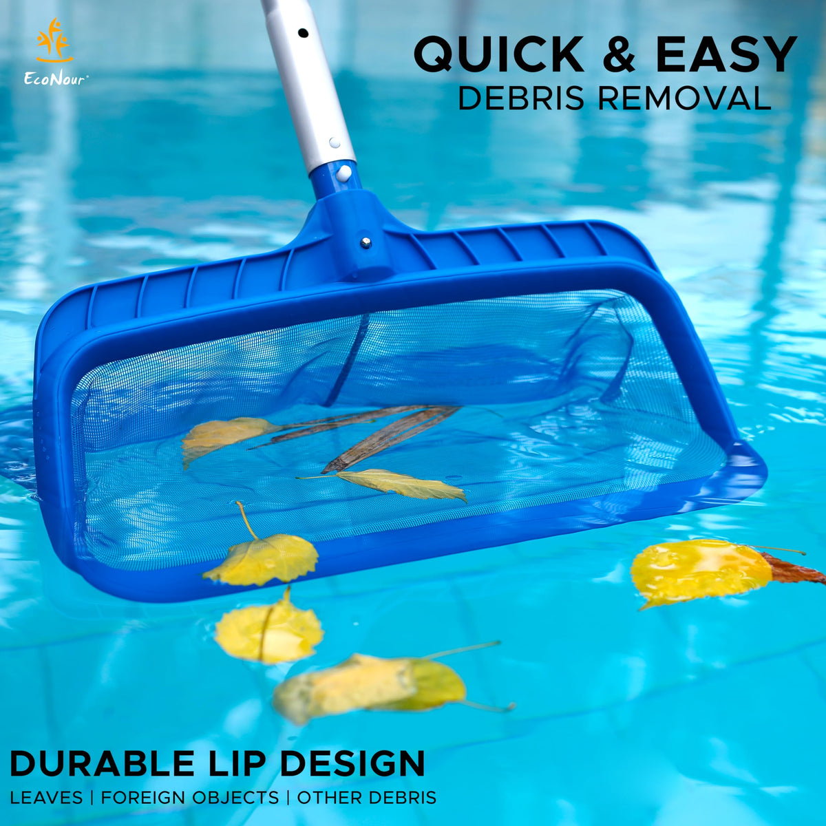 EcoNour Pool Skimmer Net hands-on use shows effortless debris pickup from the water surface.