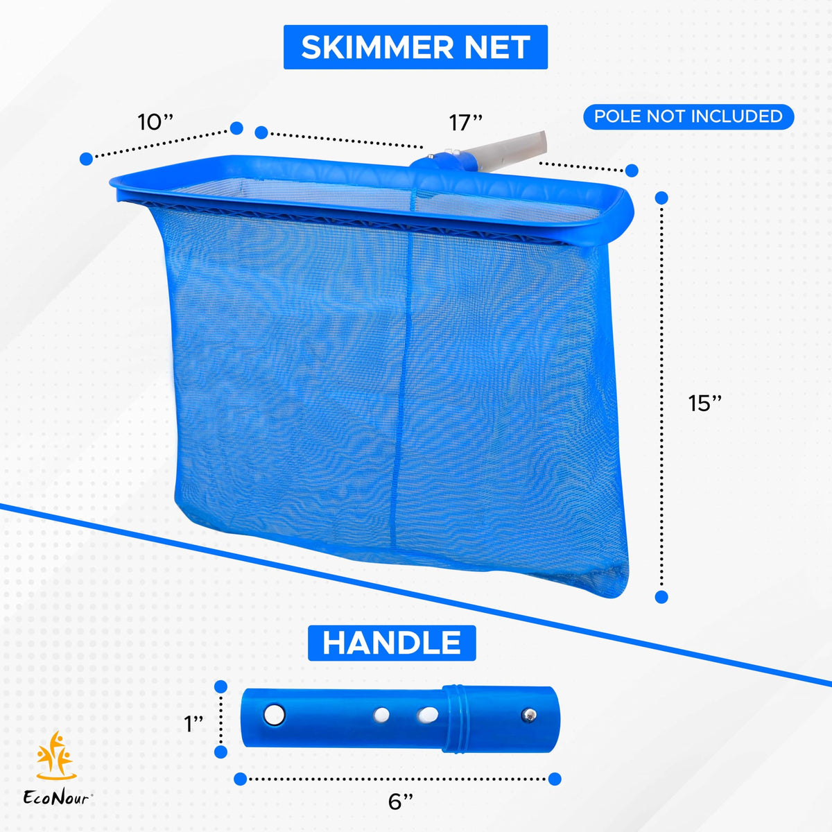 EcoNour Pool Skimmer Net rust-resistant frame resists corrosion in outdoor pools.