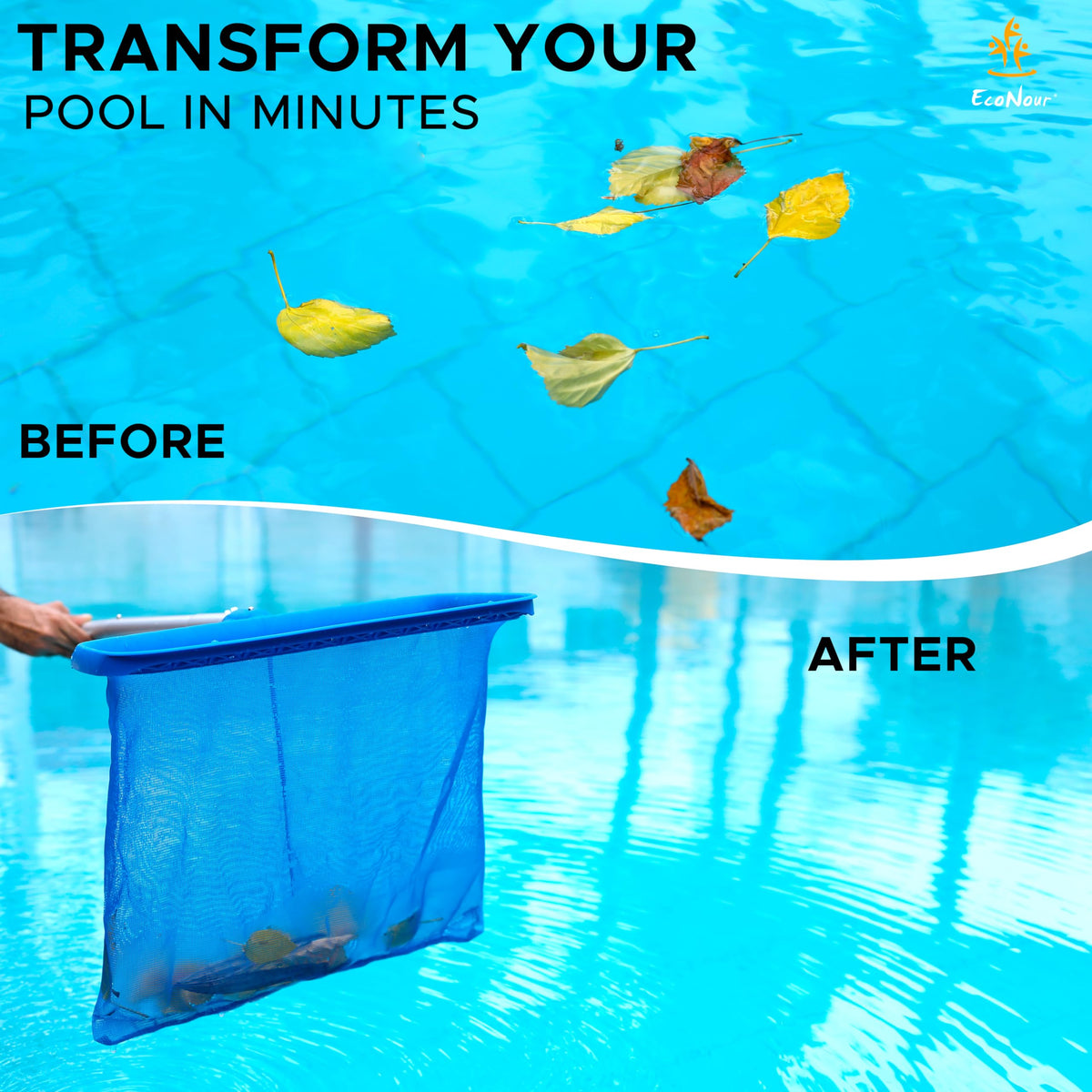 EcoNour Pool Skimmer Net standard pole compatibility ensures quick setup.