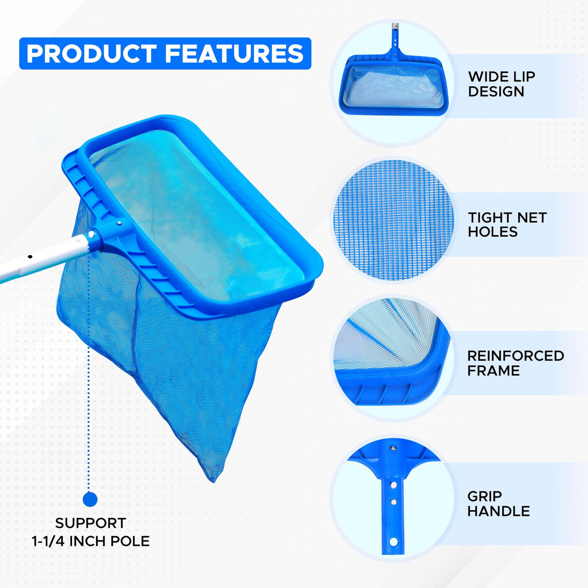 EcoNour Pool Skimmer Net ultra-fine mesh close-up captures tiny particles effectively.