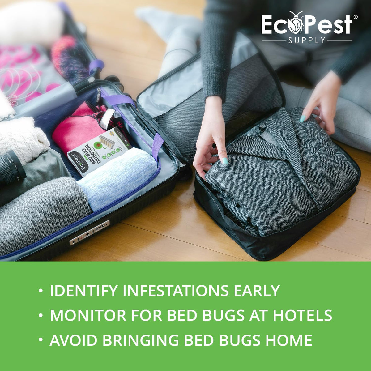 EcoPest Bed Bug Detector in a suitcase for travel monitoring.