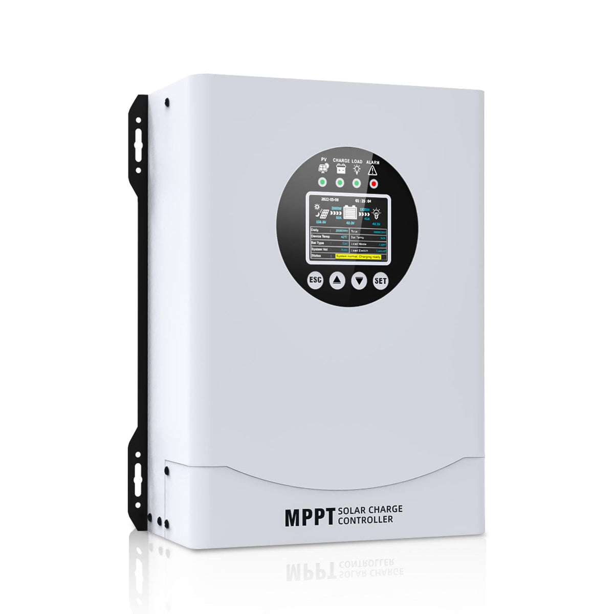 EcoSolLi 120A MPPT controller LCD display shows real-time charging status.