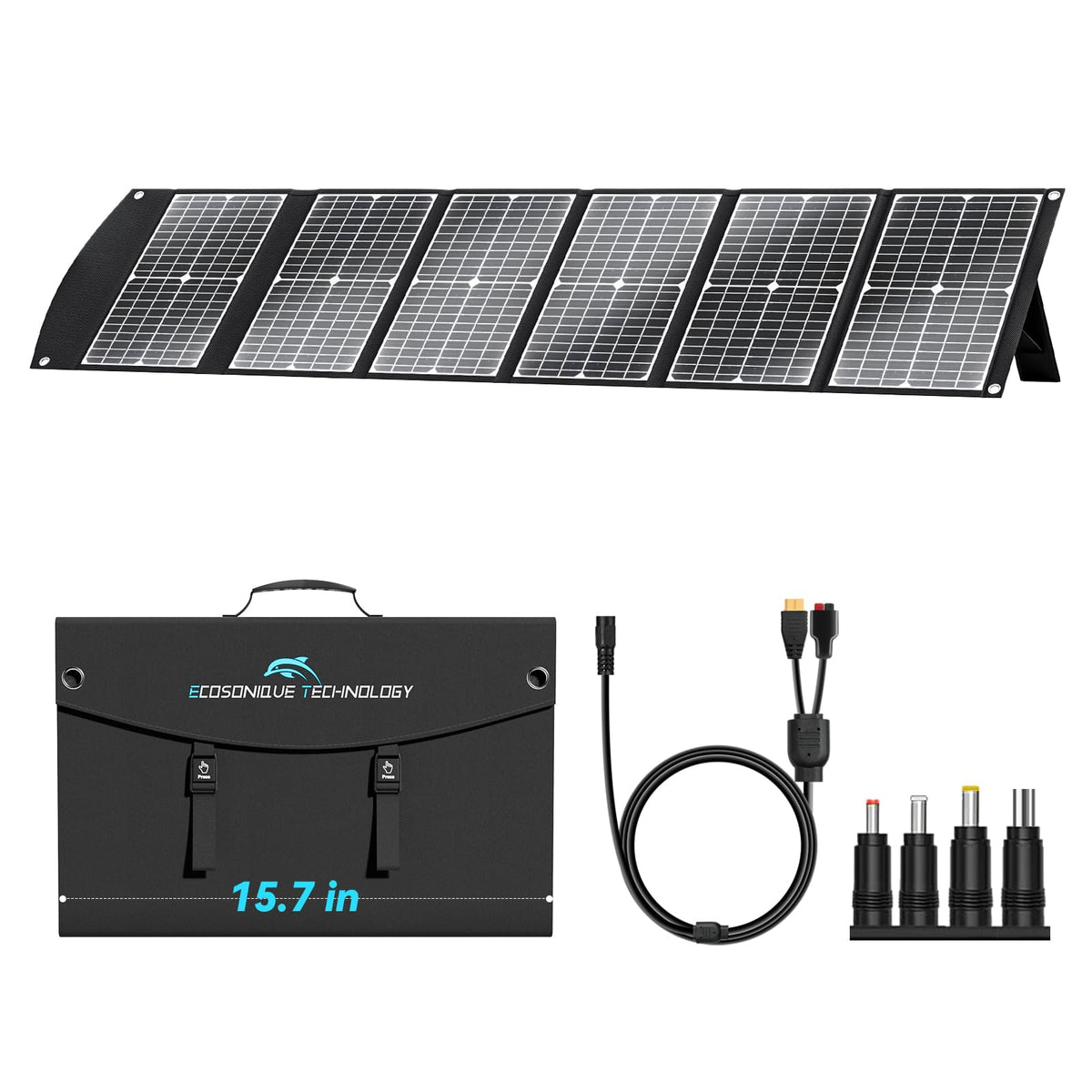Ecosonique Technology 100W solar panel folded-compact for easy camping transport.