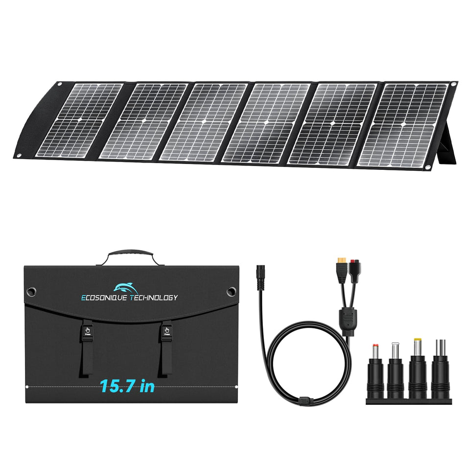 Ecosonique Technology 100W solar panel folded-compact for easy camping transport.