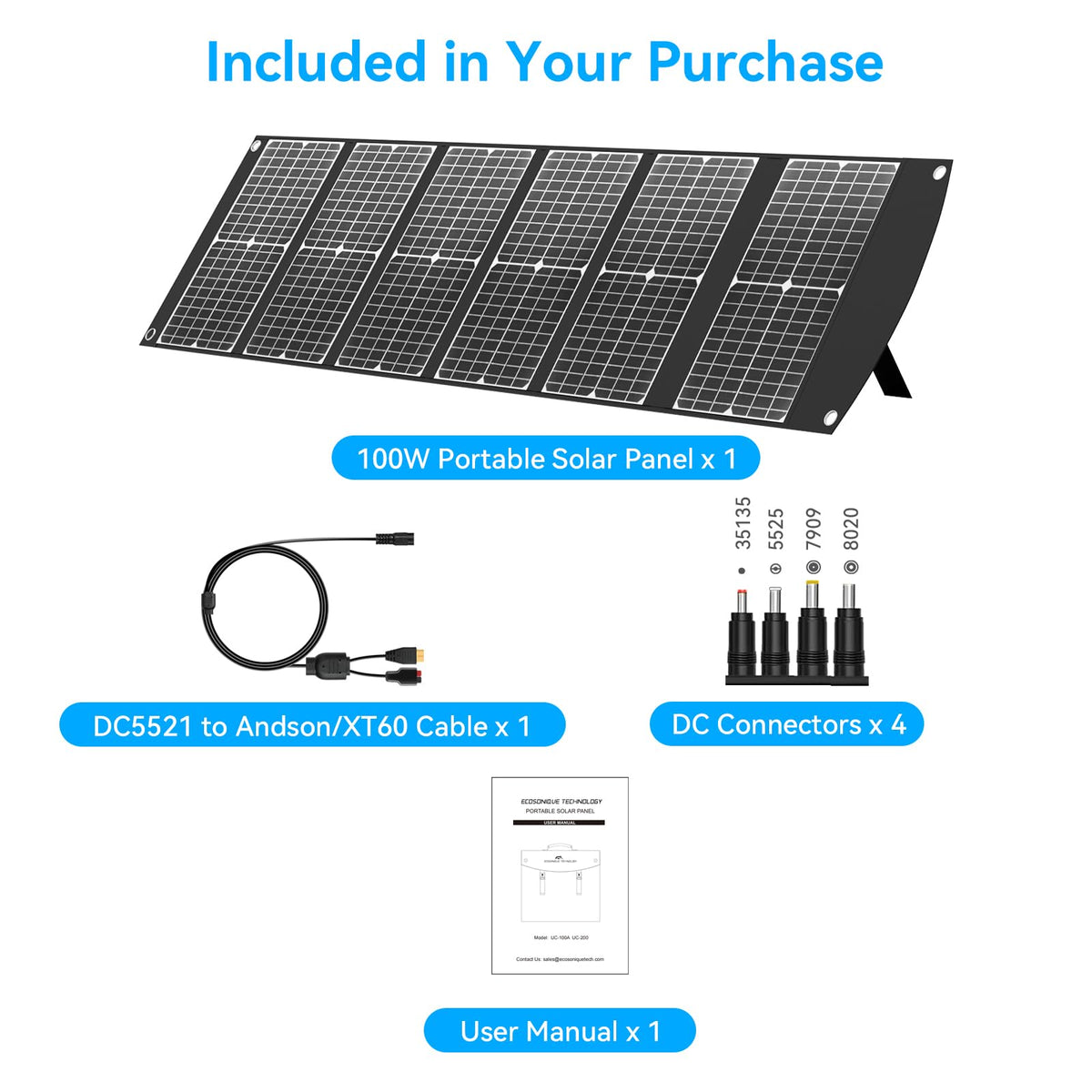 Ecosonique Technology 100W solar panel packaging and 12-month warranty.