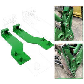ECOTRIC quick-tach top-pin brackets shown on compatible John Deere loaders for secure mounting
