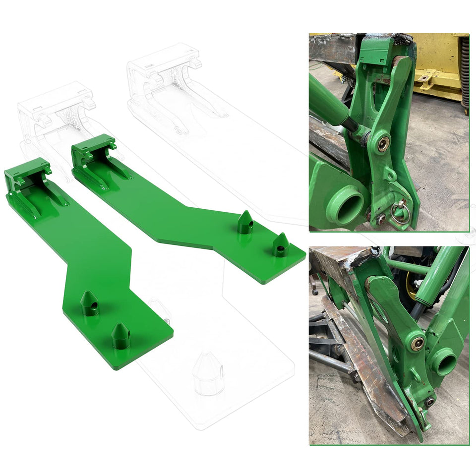 ECOTRIC quick-tach top-pin brackets shown on compatible John Deere loaders for secure mounting