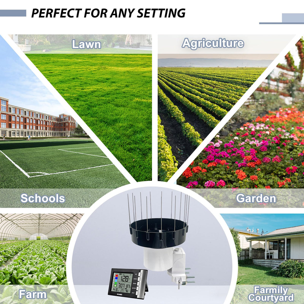 ECOWITT WH5360H indoor display console showing live rainfall stats.
