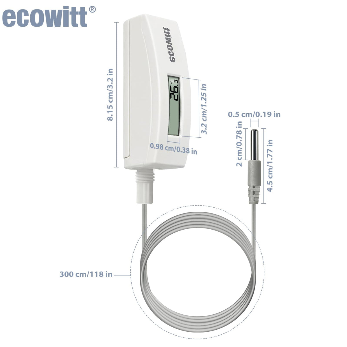 ECOWITT WN34BL 10 ft probe cable enables measurement in deep pools and hot tubs.