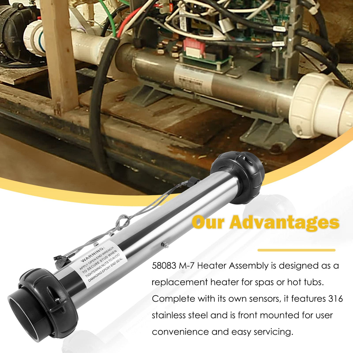 E-cowlboy 316 stainless steel heater housing resists corrosion in hot tubs
